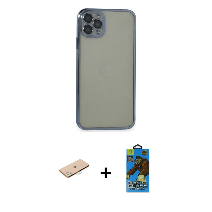 MARSİLYAN™- iPhone 11 Pro Max Kılıf Vadi Minimal - Siyah 18D Cam Ekran Koruyucu + Renkli Kamera Lens Koruma Cam - MI