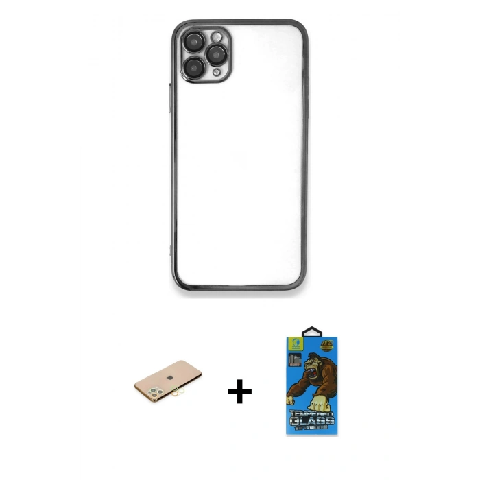 MARSİLYAN™- iPhone 11 Pro Max Kılıf Vadi Minimal - Siyah 18D Cam Ekran Koruyucu + Renkli Kamera Lens Koruma Cam - SI