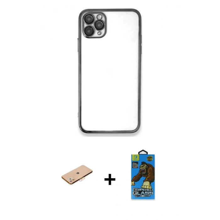 MARSİLYAN™- iPhone 11 Pro Max Kılıf Vadi Minimal - Siyah 18D Cam Ekran Koruyucu + Renkli Kamera Lens Koruma Cam - TU