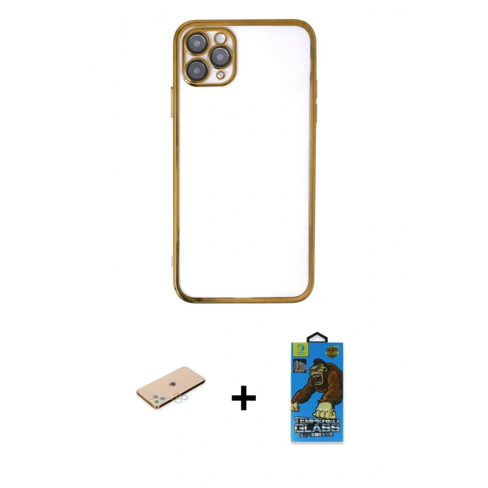 MARSİLYAN™- iPhone 11 Pro Max Kılıf Vadi Minimal - Siyah 18D Cam Ekran Koruyucu + Renkli Kamera Lens Koruma Cam - MI