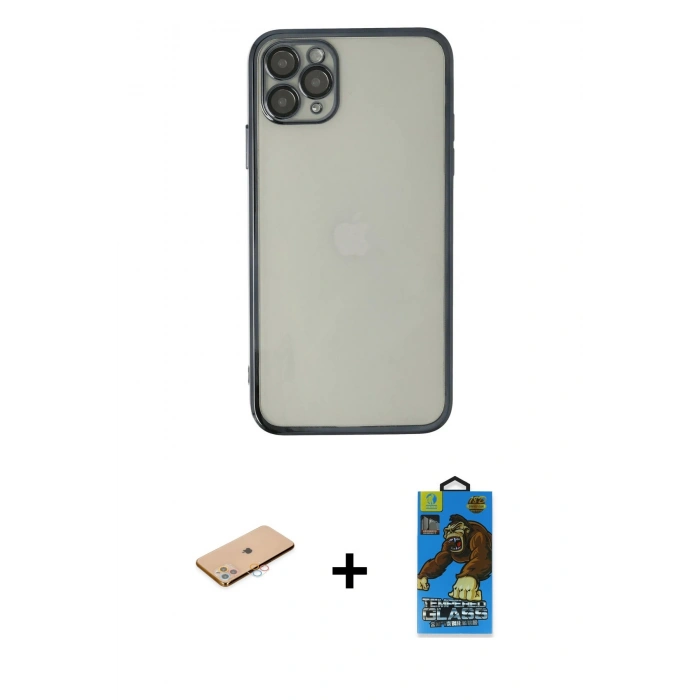 MARSİLYAN™- iPhone 11 Pro Max Kılıf Vadi Minimal - Siyah 18D Cam Ekran Koruyucu + Renkli Kamera Lens Koruma Cam - PE