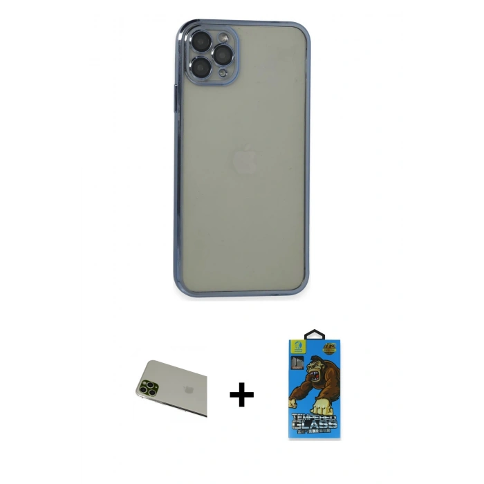 MARSİLYAN™- iPhone 11 Pro Max Kılıf Vadi Minimal - Siyah 18D Cam Ekran Koruyucu + Rainbow Kamera Lens Koruma Cam - YL