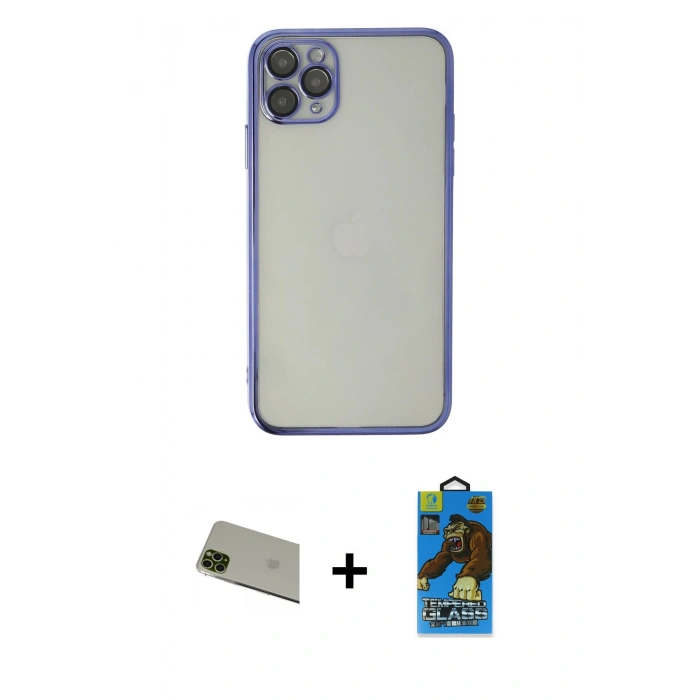 MARSİLYAN™- iPhone 11 Pro Max Kılıf Vadi Minimal - Siyah 18D Cam Ekran Koruyucu + Rainbow Kamera Lens Koruma Cam - YL