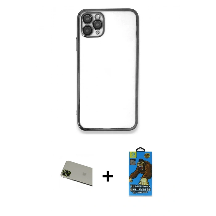 MARSİLYAN™- iPhone 11 Pro Max Kılıf Vadi Minimal - Siyah 18D Cam Ekran Koruyucu + Rainbow Kamera Lens Koruma Cam - YL