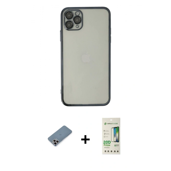 MARSİLYAN™- iPhone 11 Pro Max Kılıf Vadi Minimal - Siyah 20D Premium Cam Ekran Koruyucu + Metal Kamera Lens Koruma Cam - MR