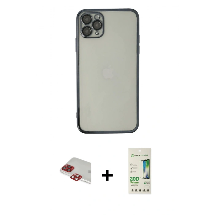 MARSİLYAN™- iPhone 11 Pro Max Kılıf Vadi Minimal - Siyah 20D Premium Cam Ekran Koruyucu + Pers Alüminyum Kamera Lens - KI