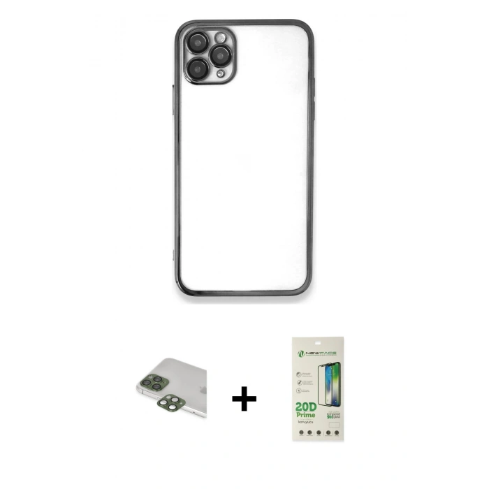 MARSİLYAN™- iPhone 11 Pro Max Kılıf Vadi Minimal - Siyah 20D Premium Cam Ekran Koruyucu + Pers Alüminyum Kamera Lens - YL