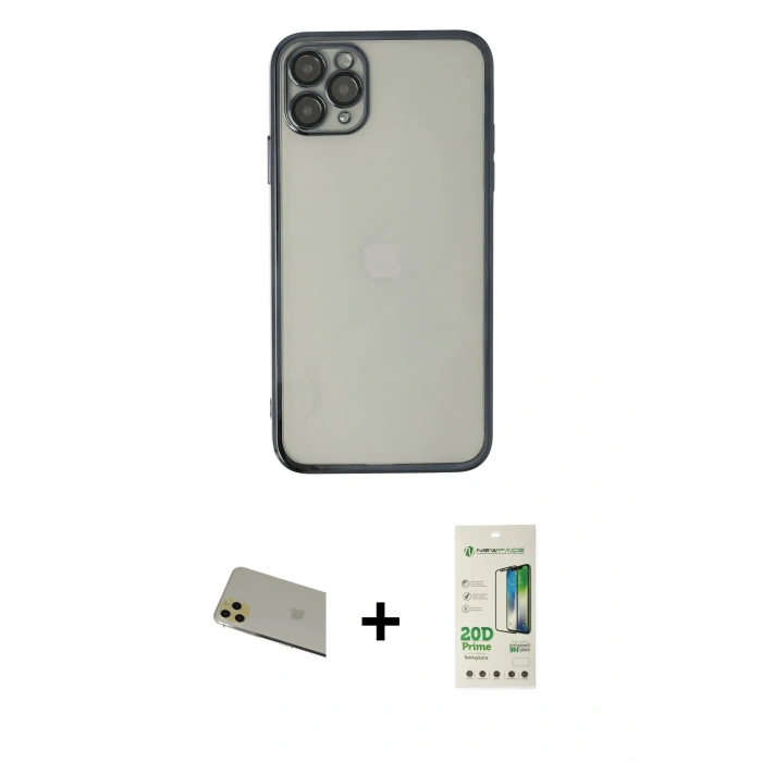 MARSİLYAN™- iPhone 11 Pro Max Kılıf Vadi Minimal - Siyah 20D Premium Cam Ekran Koruyucu + Rainbow Kamera Lens Koruma Cam - GD