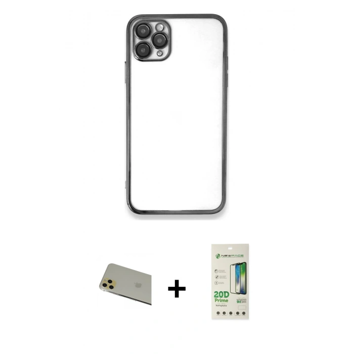MARSİLYAN™- iPhone 11 Pro Max Kılıf Vadi Minimal - Siyah 20D Premium Cam Ekran Koruyucu + Rainbow Kamera Lens Koruma Cam - GD