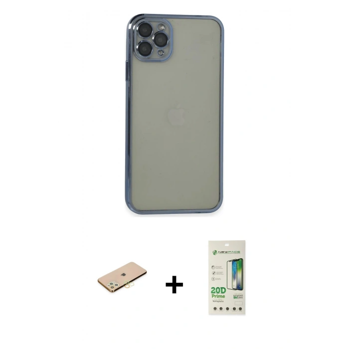MARSİLYAN™- iPhone 11 Pro Max Kılıf Vadi Minimal - Siyah 20D Premium Cam Ekran Koruyucu + Renkli Kamera Lens Koruma Cam - SI
