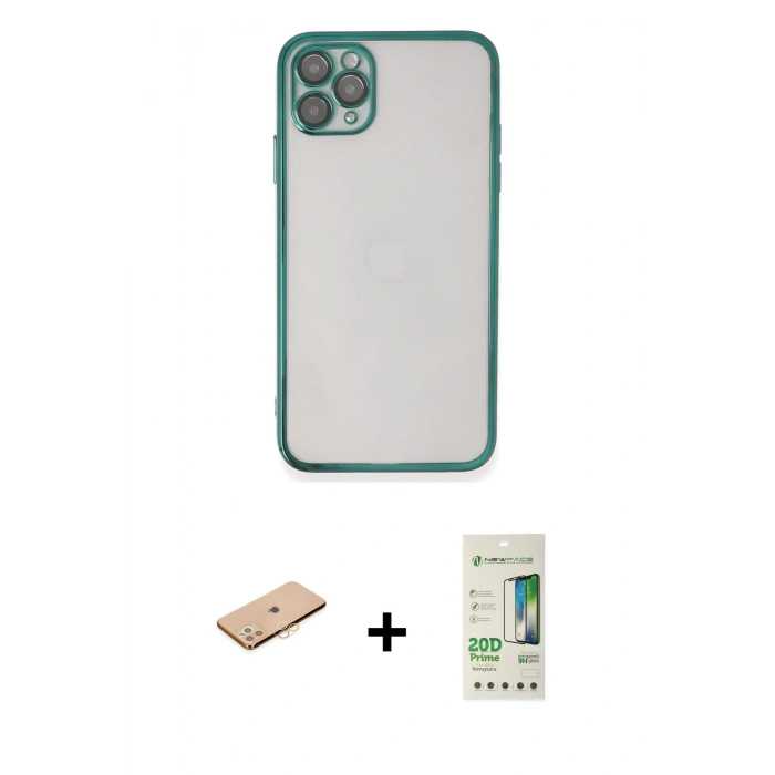 MARSİLYAN™- iPhone 11 Pro Max Kılıf Vadi Minimal - Siyah 20D Premium Cam Ekran Koruyucu + Renkli Kamera Lens Koruma Cam - TU