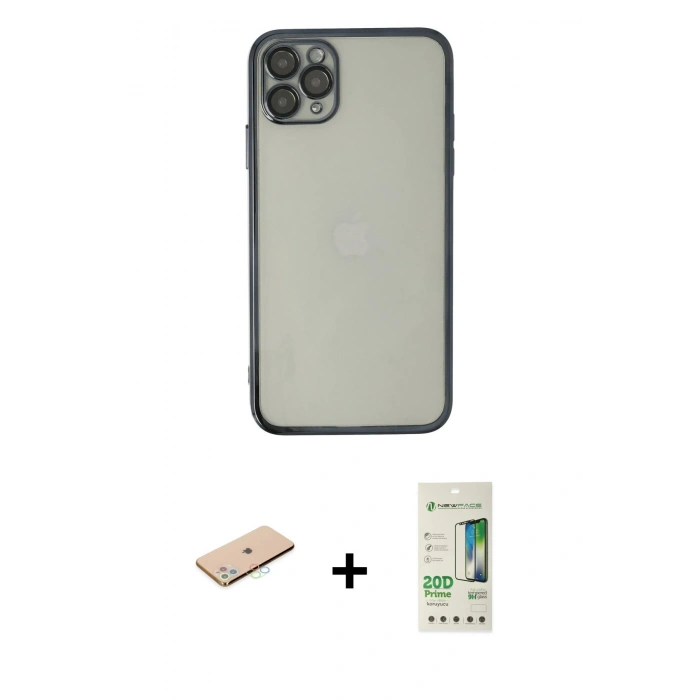 MARSİLYAN™- iPhone 11 Pro Max Kılıf Vadi Minimal - Siyah 20D Premium Cam Ekran Koruyucu + Renkli Kamera Lens Koruma Cam - MI