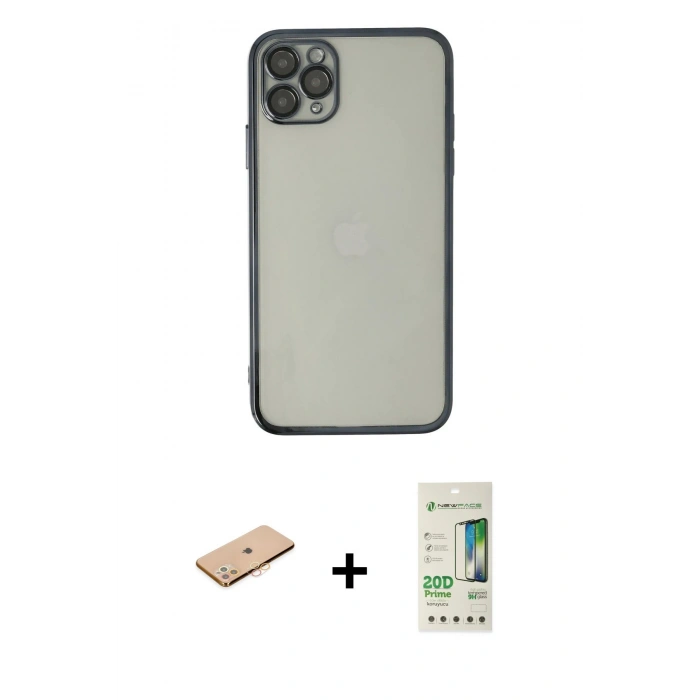 MARSİLYAN™- iPhone 11 Pro Max Kılıf Vadi Minimal - Siyah 20D Premium Cam Ekran Koruyucu + Renkli Kamera Lens Koruma Cam - TU