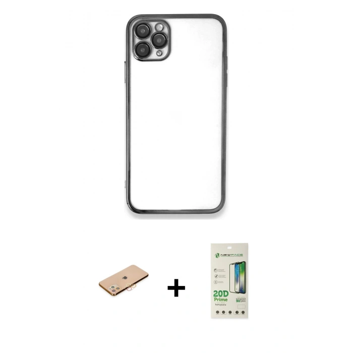 MARSİLYAN™- iPhone 11 Pro Max Kılıf Vadi Minimal - Siyah 20D Premium Cam Ekran Koruyucu + Renkli Kamera Lens Koruma Cam - TU