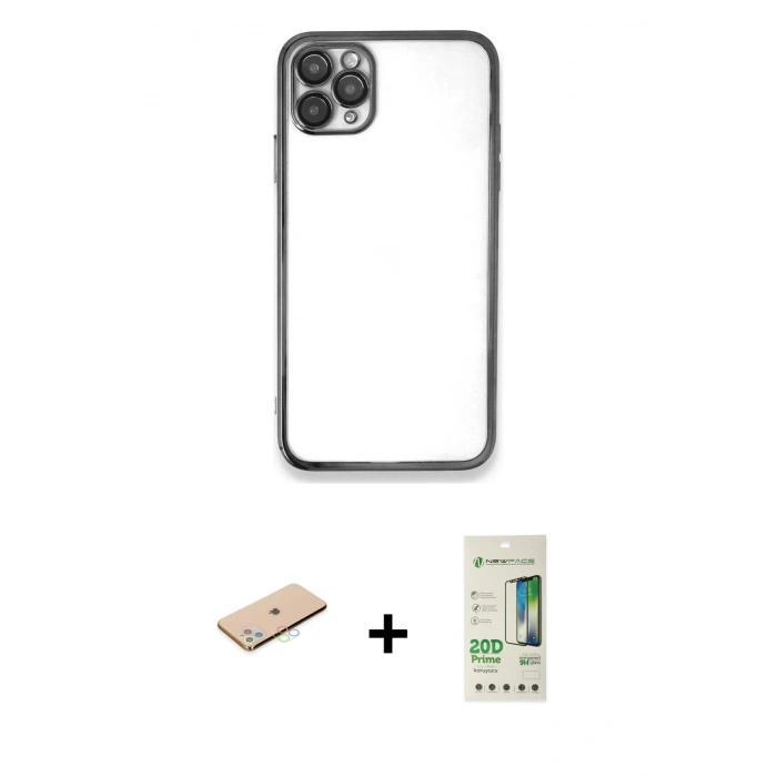 MARSİLYAN™- iPhone 11 Pro Max Kılıf Vadi Minimal - Siyah 20D Premium Cam Ekran Koruyucu + Renkli Kamera Lens Koruma Cam - MI