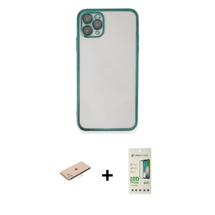 MARSİLYAN™- iPhone 11 Pro Max Kılıf Vadi Minimal - Siyah 20D Premium Cam Ekran Koruyucu + Renkli Kamera Lens Koruma Cam - MI