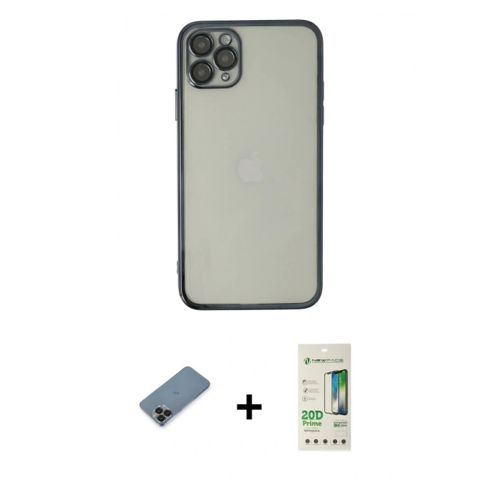 MARSİLYAN™- iPhone 11 Pro Max Kılıf Vadi Minimal - Siyah 20D Premium Cam Ekran Koruyucu + Metal Kamera Lens Koruma Cam - SH