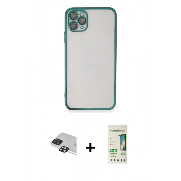 MARSİLYAN™- iPhone 11 Pro Max Kılıf Vadi Minimal - Siyah 20D Premium Cam Ekran Koruyucu + Pers Alüminyum Kamera Lens - SH