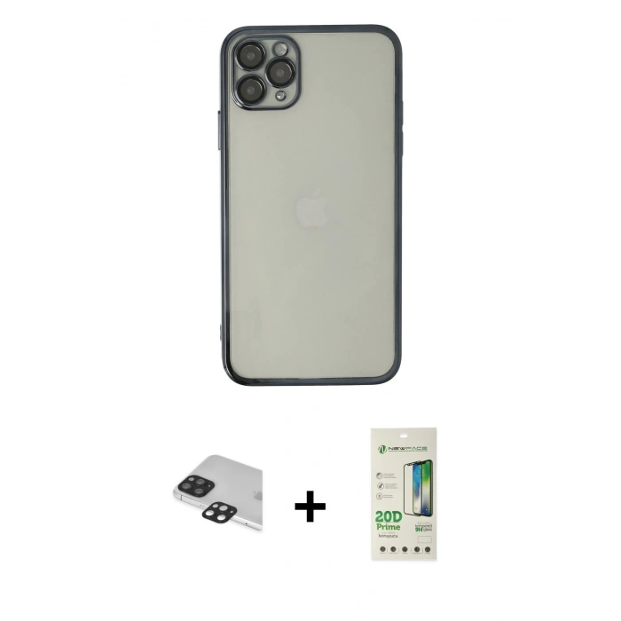 MARSİLYAN™- iPhone 11 Pro Max Kılıf Vadi Minimal - Siyah 20D Premium Cam Ekran Koruyucu + Pers Alüminyum Kamera Lens - SH