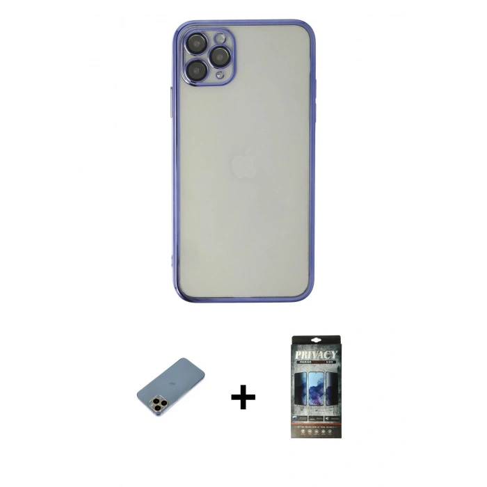 MARSİLYAN™- iPhone 11 Pro Max Kılıf Vadi Minimal - Siyah 34D Hayalet Izgaralı Cam + Shine Kamera Lens Koruma Cam - GD