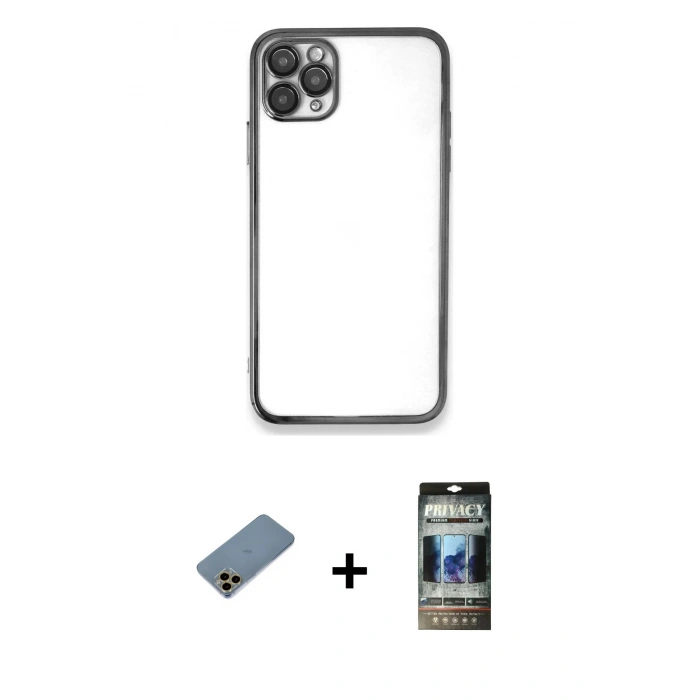 MARSİLYAN™- iPhone 11 Pro Max Kılıf Vadi Minimal - Siyah 34D Hayalet Izgaralı Cam + Shine Kamera Lens Koruma Cam - GD