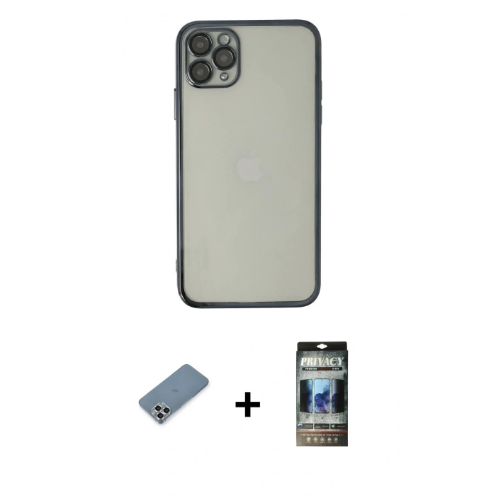 MARSİLYAN™- iPhone 11 Pro Max Kılıf Vadi Minimal - Siyah 34D Hayalet Izgaralı Cam + Gümüş Metal Kamera Lens Koruma Cam