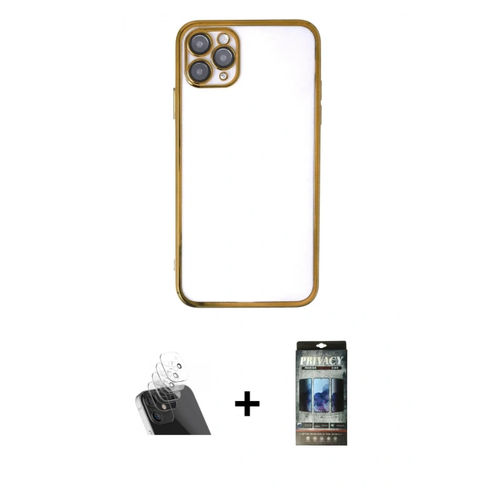 MARSİLYAN™- iPhone 11 Pro Max Kılıf Vadi Minimal - Siyah 34D Hayalet Izgaralı Cam + Kamera Lens Koruma Cam - SF