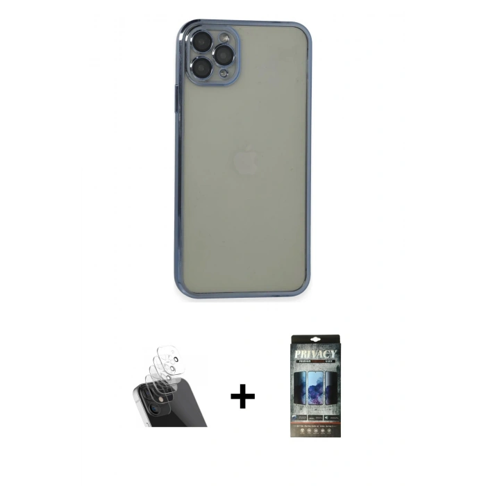 MARSİLYAN™- iPhone 11 Pro Max Kılıf Vadi Minimal - Siyah 34D Hayalet Izgaralı Cam + Kamera Lens Koruma Cam - SF