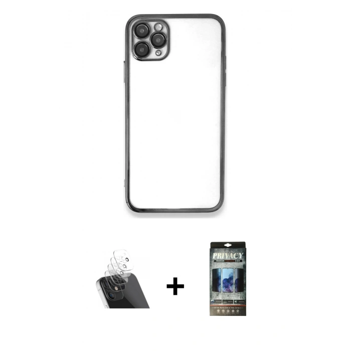 MARSİLYAN™- iPhone 11 Pro Max Kılıf Vadi Minimal - Siyah 34D Hayalet Izgaralı Cam + Kamera Lens Koruma Cam - SF