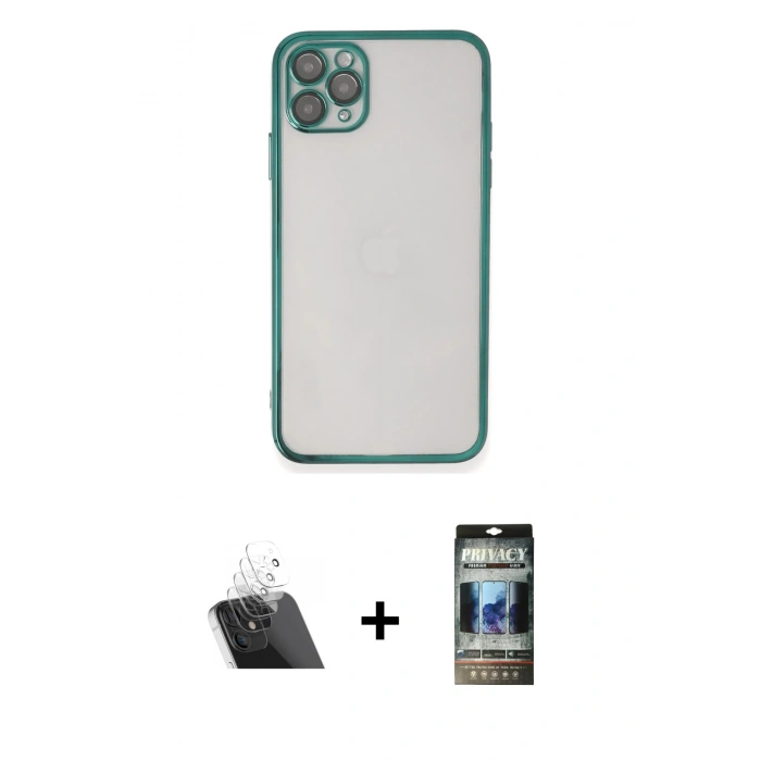 MARSİLYAN™- iPhone 11 Pro Max Kılıf Vadi Minimal - Siyah 34D Hayalet Izgaralı Cam + Kamera Lens Koruma Cam - SF
