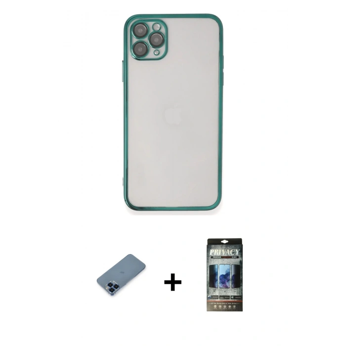 MARSİLYAN™- iPhone 11 Pro Max Kılıf Vadi Minimal - Siyah 34D Hayalet Izgaralı Cam + Metal Kamera Lens Koruma Cam - MI