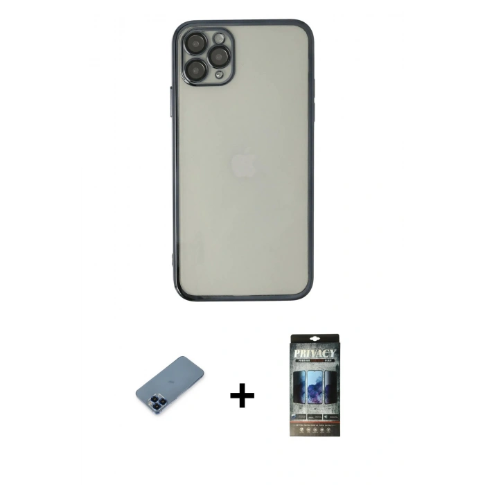 MARSİLYAN™- iPhone 11 Pro Max Kılıf Vadi Minimal - Siyah 34D Hayalet Izgaralı Cam + Metal Kamera Lens Koruma Cam - MI