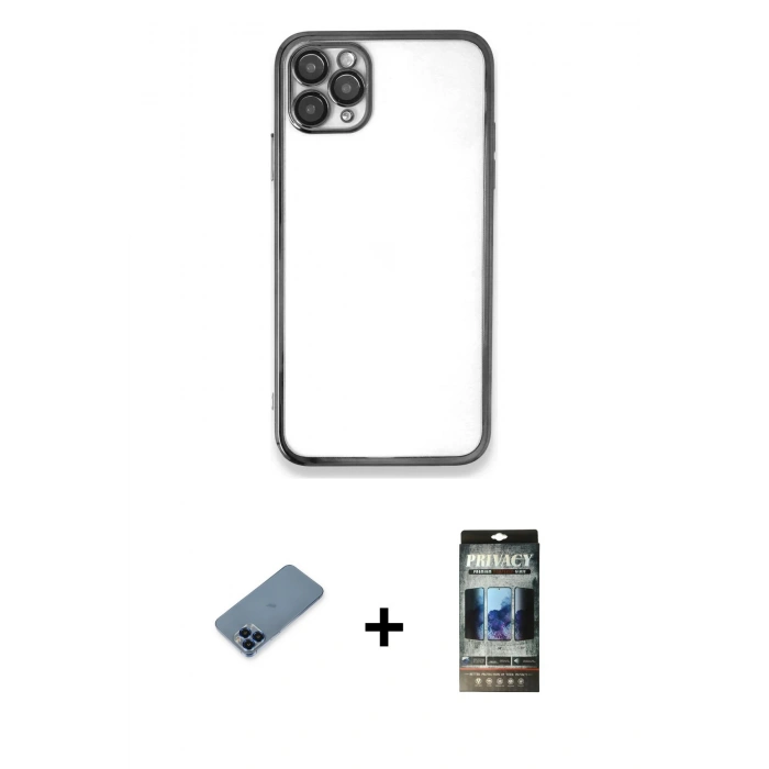MARSİLYAN™- iPhone 11 Pro Max Kılıf Vadi Minimal - Siyah 34D Hayalet Izgaralı Cam + Metal Kamera Lens Koruma Cam - MI