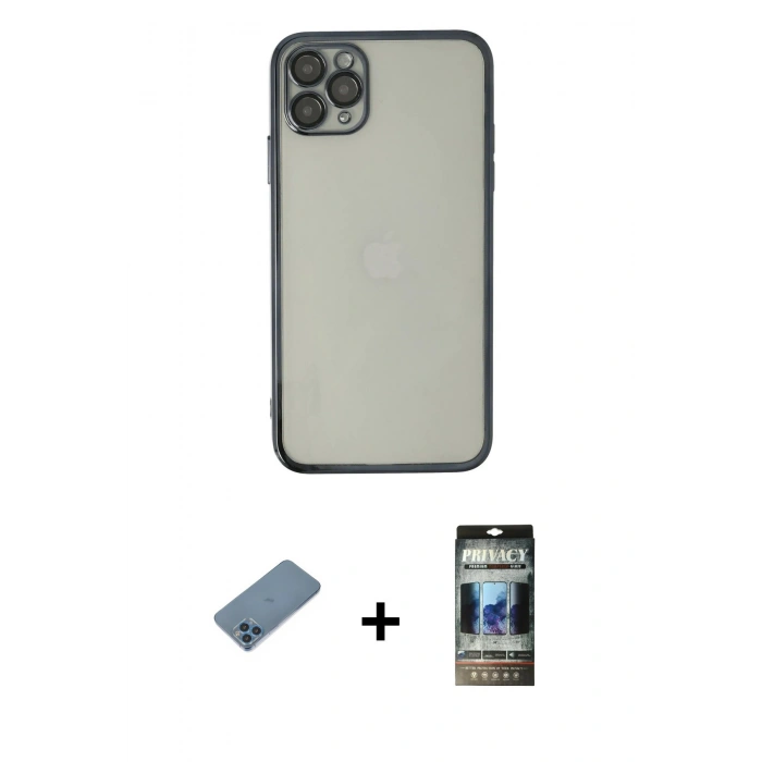 MARSİLYAN™- iPhone 11 Pro Max Kılıf Vadi Minimal - Siyah 34D Hayalet Izgaralı Cam + Shine Kamera Lens Koruma Cam - MI