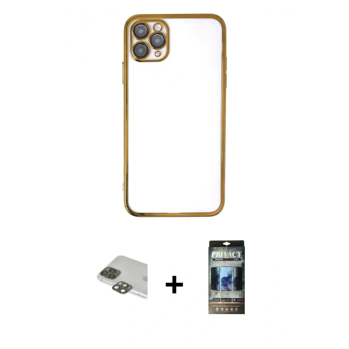 MARSİLYAN™- iPhone 11 Pro Max Kılıf Vadi Minimal - Siyah 34D Hayalet Izgaralı Cam + Pers Alüminyum Kamera Lens - YL