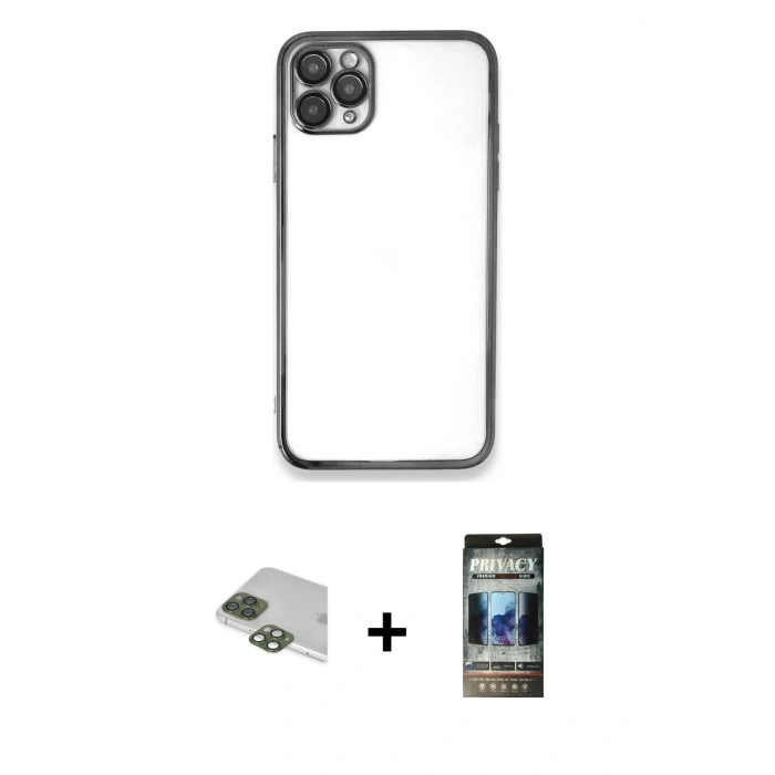 MARSİLYAN™- iPhone 11 Pro Max Kılıf Vadi Minimal - Siyah 34D Hayalet Izgaralı Cam + Pers Alüminyum Kamera Lens - YL