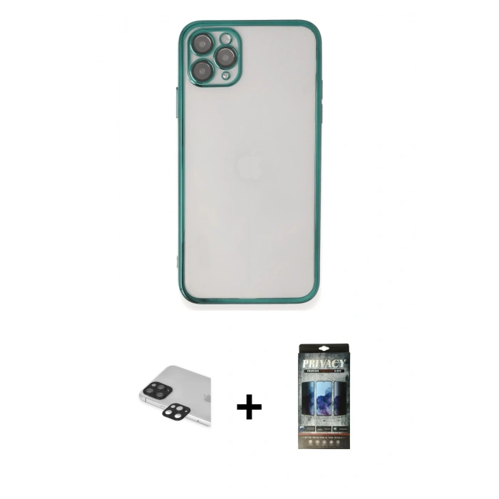 MARSİLYAN™- iPhone 11 Pro Max Kılıf Vadi Minimal - Siyah 34D Hayalet Izgaralı Cam + Pers Alüminyum Kamera Lens - SH