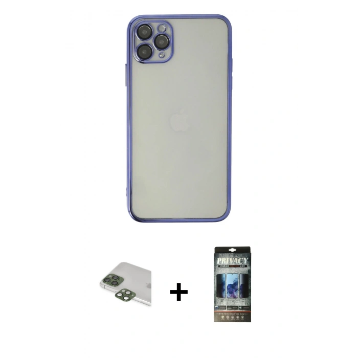 MARSİLYAN™- iPhone 11 Pro Max Kılıf Vadi Minimal - Siyah 34D Hayalet Izgaralı Cam + Pers Alüminyum Kamera Lens - YL
