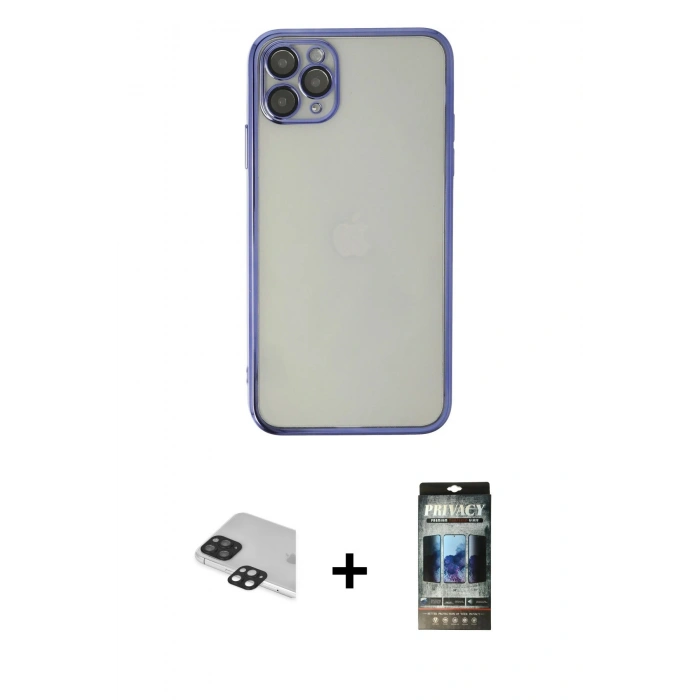 MARSİLYAN™- iPhone 11 Pro Max Kılıf Vadi Minimal - Siyah 34D Hayalet Izgaralı Cam + Pers Alüminyum Kamera Lens - SH