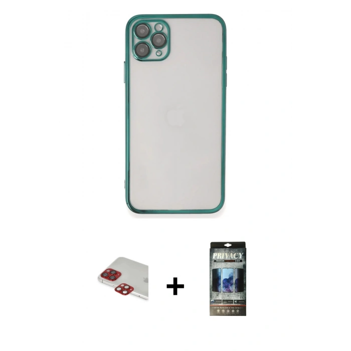 MARSİLYAN™- iPhone 11 Pro Max Kılıf Vadi Minimal - Siyah 34D Hayalet Izgaralı Cam + Pers Alüminyum Kamera Lens - KI