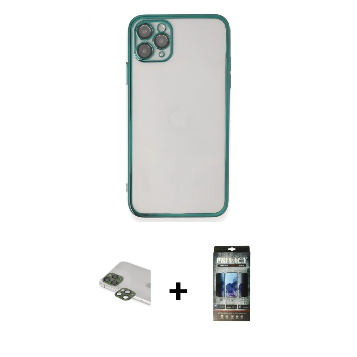 MARSİLYAN™- iPhone 11 Pro Max Kılıf Vadi Minimal - Siyah 34D Hayalet Izgaralı Cam + Pers Alüminyum Kamera Lens - YL