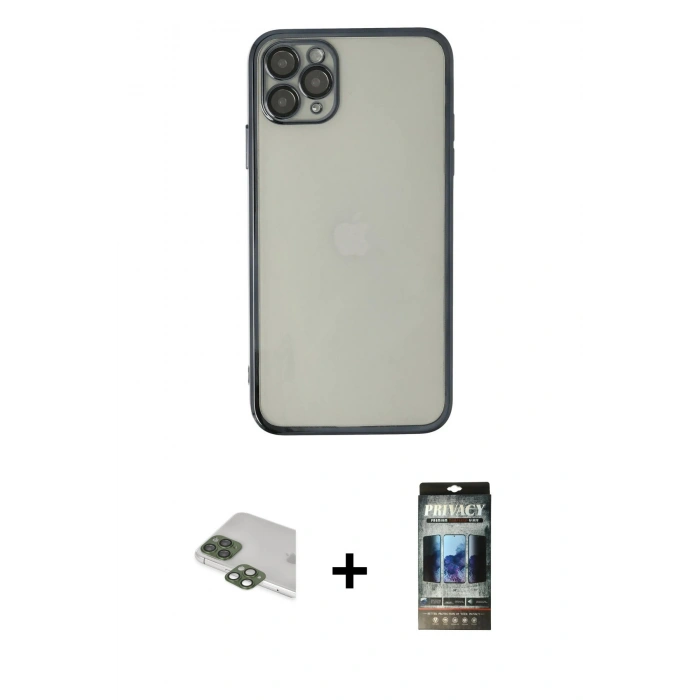MARSİLYAN™- iPhone 11 Pro Max Kılıf Vadi Minimal - Siyah 34D Hayalet Izgaralı Cam + Pers Alüminyum Kamera Lens - YL