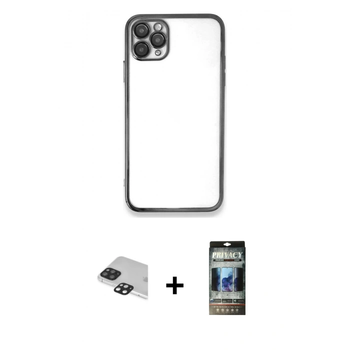 MARSİLYAN™- iPhone 11 Pro Max Kılıf Vadi Minimal - Siyah 34D Hayalet Izgaralı Cam + Pers Alüminyum Kamera Lens - SH