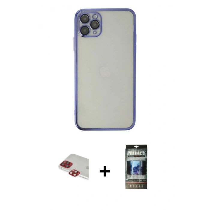 MARSİLYAN™- iPhone 11 Pro Max Kılıf Vadi Minimal - Siyah 34D Hayalet Izgaralı Cam + Pers Alüminyum Kamera Lens - KI