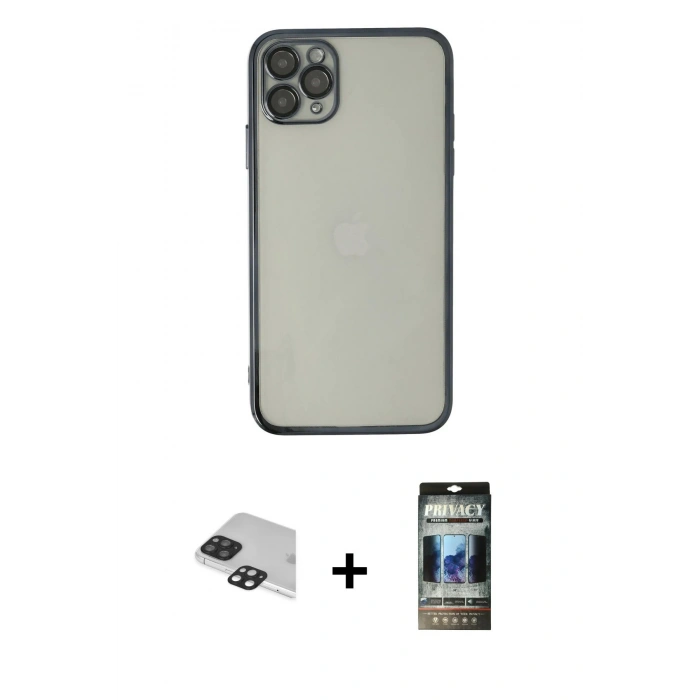 MARSİLYAN™- iPhone 11 Pro Max Kılıf Vadi Minimal - Siyah 34D Hayalet Izgaralı Cam + Pers Alüminyum Kamera Lens - SH