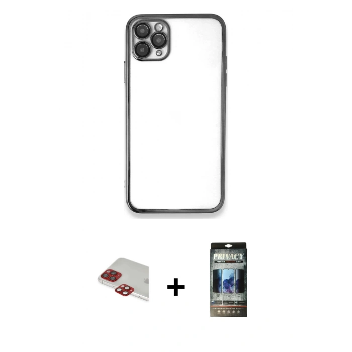 MARSİLYAN™- iPhone 11 Pro Max Kılıf Vadi Minimal - Siyah 34D Hayalet Izgaralı Cam + Pers Alüminyum Kamera Lens - KI