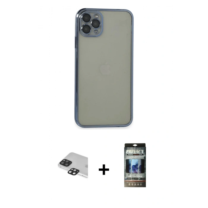 MARSİLYAN™- iPhone 11 Pro Max Kılıf Vadi Minimal - Siyah 34D Hayalet Izgaralı Cam + Pers Alüminyum Kamera Lens - SH