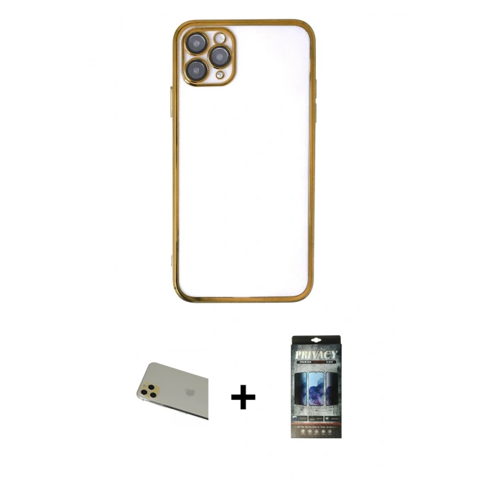 MARSİLYAN™- iPhone 11 Pro Max Kılıf Vadi Minimal - Siyah 34D Hayalet Izgaralı Cam + Rainbow Kamera Lens Koruma Cam - GD