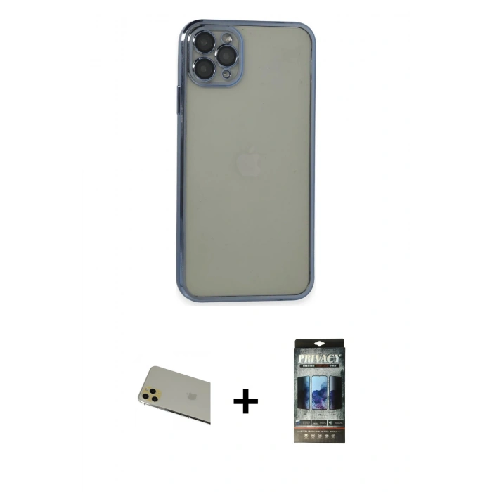 MARSİLYAN™- iPhone 11 Pro Max Kılıf Vadi Minimal - Siyah 34D Hayalet Izgaralı Cam + Rainbow Kamera Lens Koruma Cam - GD