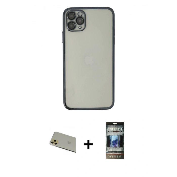 MARSİLYAN™- iPhone 11 Pro Max Kılıf Vadi Minimal - Siyah 34D Hayalet Izgaralı Cam + Rainbow Kamera Lens Koruma Cam - GD